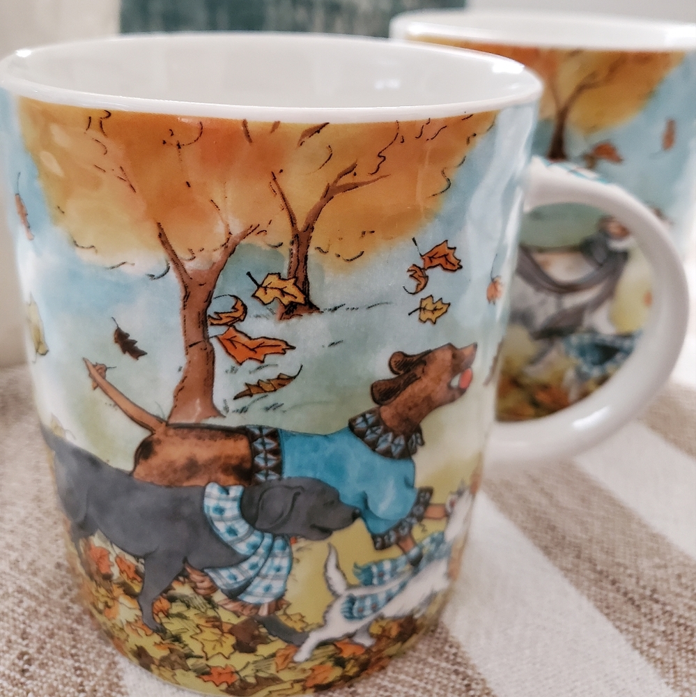 TWO Pier 1 Park Avenue Pups Lazy Sunday Large Mugs 22oz. Retired Autumn Fall